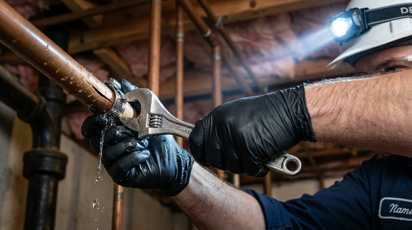 Emergency pipe clamp repair being performed by a Johns Plumbing LLC plumber in Allen Park
