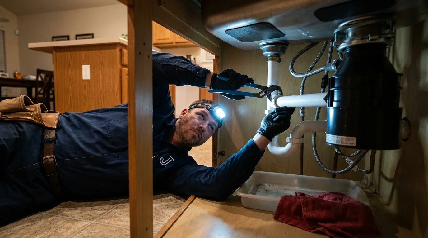 P-trap and supply line connections under a kitchen sink showing a common leak point in Allen Park, MI